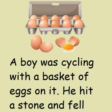 A Boy Was Cycling With A Basket Of Eggs